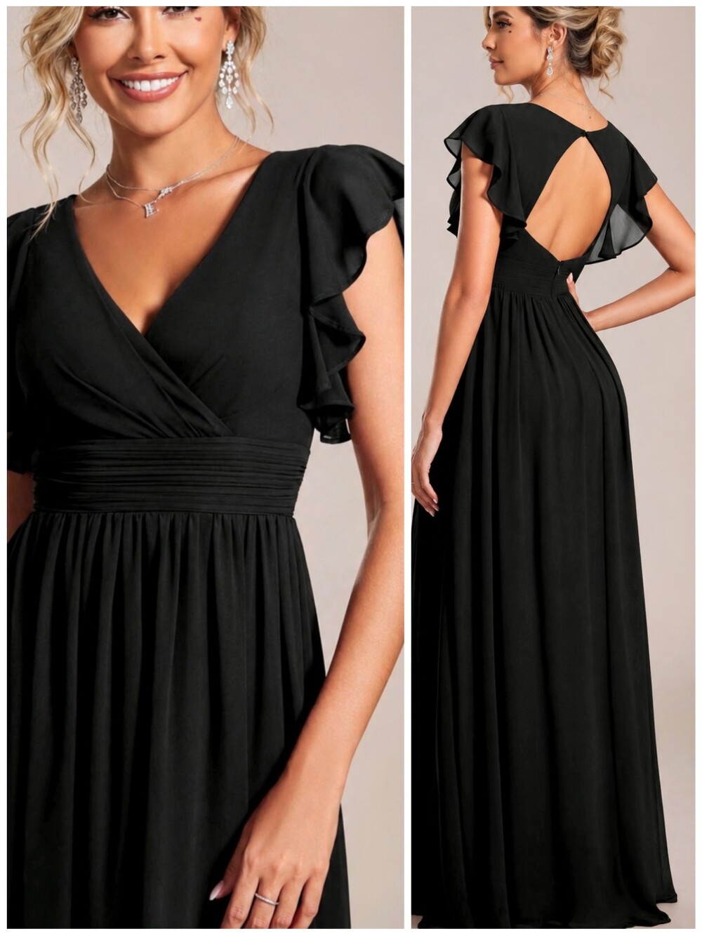 New Flowy Chiffon Open Back Wrap Top Maxi Gown Dress Flutter Sleeve Black